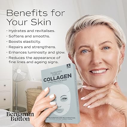 Madam Wellness Benjamin Button® Hydrolysed Collagen & Hyaluronic Acid Face Mask, Pack of 5 | Instant Plumping & Anti-Aging Korean Beauty Treatment | For All Skin Types | Enriched with Collagen & Hyaluronic Acid for Hydration & Skin Firmness Secondary image