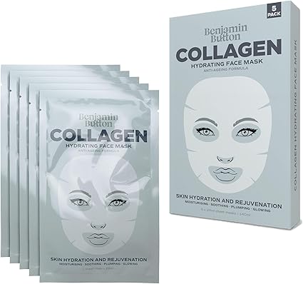 Madam Wellness Benjamin Button® Hydrolysed Collagen & Hyaluronic Acid Face Mask, Pack of 5 | Instant Plumping & Anti - Aging Korean Beauty Treatment | For All Skin Types | Enriched with Collagen & Hyaluronic Acid for Hydration & Skin Firmness - Face mask - British D'sire