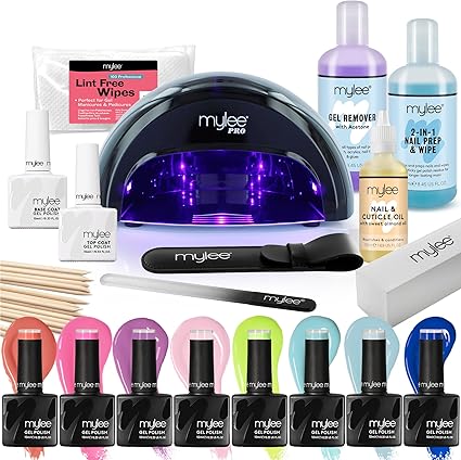 Madam Wellness Mylee The Full Works Gel Nail Polish LED Lamp Kit | 8 MYGEL Spring/Summer Colours, Top & Base Coat, Prep & Wipe, Gel Remover | PRO Salon Series Convex Curing Lamp (Black) | Perfect for At - Home Manicure Enthusiasts - Gel Nail Polish LED Lamp Kit - British D'sire