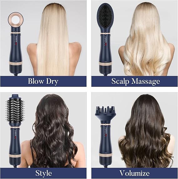 Madam Wellness PARWIN PRO BEAUTY 4 - in - 1 Hairdryer Hot Air Brush Styler Set, Blue | 1000 - Watt Hairdryer Brush with 4 Attachments for Drying, Smoothing, Volume & Styling | Ion Care for Healthy, Shiny Hair - Hair Dryers - British D'sire