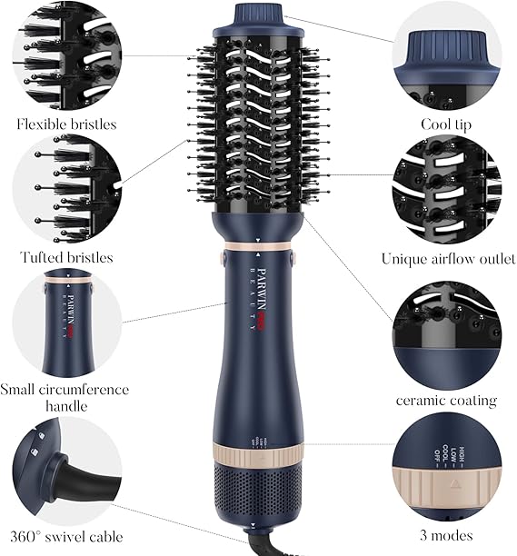 Madam Wellness PARWIN PRO BEAUTY 4 - in - 1 Hairdryer Hot Air Brush Styler Set, Blue | 1000 - Watt Hairdryer Brush with 4 Attachments for Drying, Smoothing, Volume & Styling | Ion Care for Healthy, Shiny Hair - Hair Dryers - British D'sire Main image