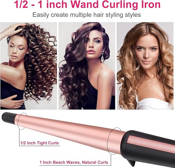Madam Wellness StyleEase 13 - 25MM Professional Hair Curling Wand – Tapered Ceramic Curling Iron with Heat - Resistant Glove | Rose Gold, Dual Voltage Curling Tool for Women | Effortless, Frizz - Free Curls & Healthy Shine - Hair Curling Wand - British D'sire