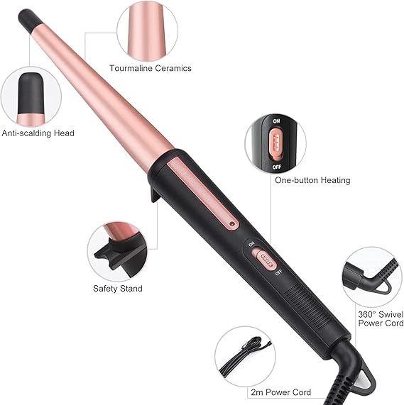 Madam Wellness StyleEase 13 - 25MM Professional Hair Curling Wand – Tapered Ceramic Curling Iron with Heat - Resistant Glove | Rose Gold, Dual Voltage Curling Tool for Women | Effortless, Frizz - Free Curls & Healthy Shine - Hair Curling Wand - British D'sire