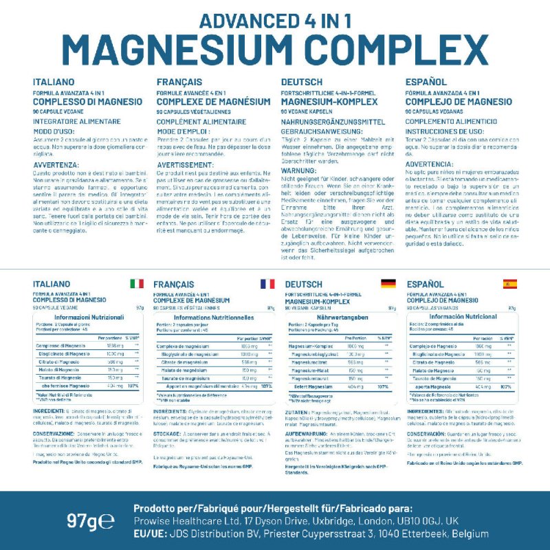 Magnesium Glycinate Complex 4 in 1 - 1866mg per serving | Precise 404mg Elemental Magnesium dose | Added Magnesium Glycinate, Citrate, Malate & Taurate | 90 Vegan Capsules - by Prowise - Capsules - British D'sire