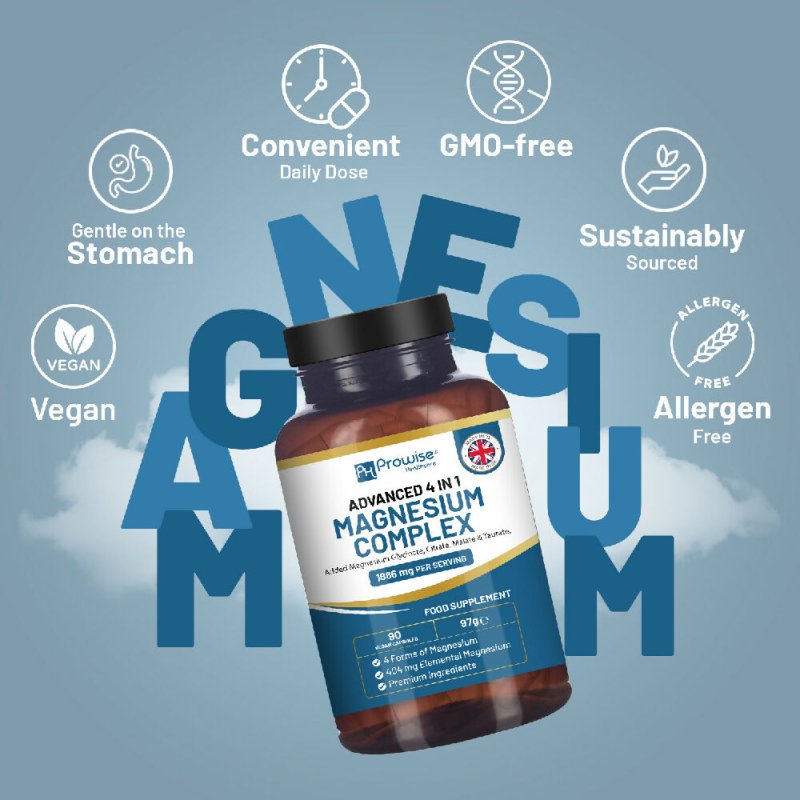 Magnesium Glycinate Complex 4 in 1 - 1866mg per serving | Precise 404mg Elemental Magnesium dose | Added Magnesium Glycinate, Citrate, Malate & Taurate | 90 Vegan Capsules - by Prowise - Capsules - British D'sire