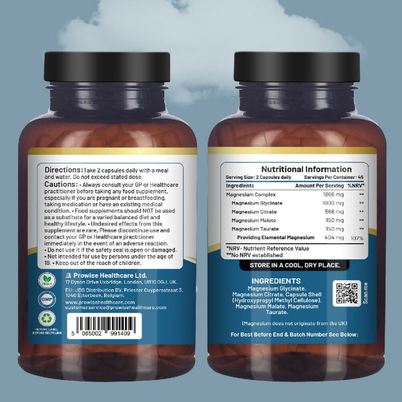 Magnesium Glycinate Complex 4 in 1 - 1866mg per serving | Precise 404mg Elemental Magnesium dose | Added Magnesium Glycinate, Citrate, Malate & Taurate | 90 Vegan Capsules - by Prowise - Capsules - British D'sire