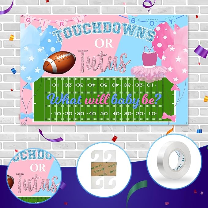 Maicaiffe Touchdowns or Tutus Backdrop Banner Decor - 6x4 ft Gender Reveal Photography Background Poster - Baby Shower Party Photography Prop Booth - Boy or Girl Party Decorations - British D'sire Main image