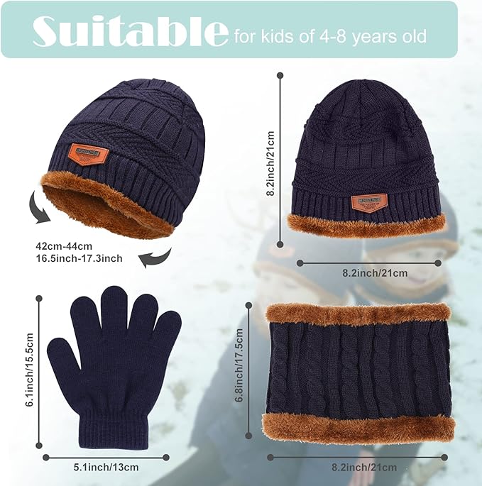 Makone Boys Hat Scarf and Gloves Set, Kids Winter Hat Scarf Gloves Set,for Girls Boys Warm Knitted Beanie Hats Snood Scarf and Gloves for Children - British D'sire Main image