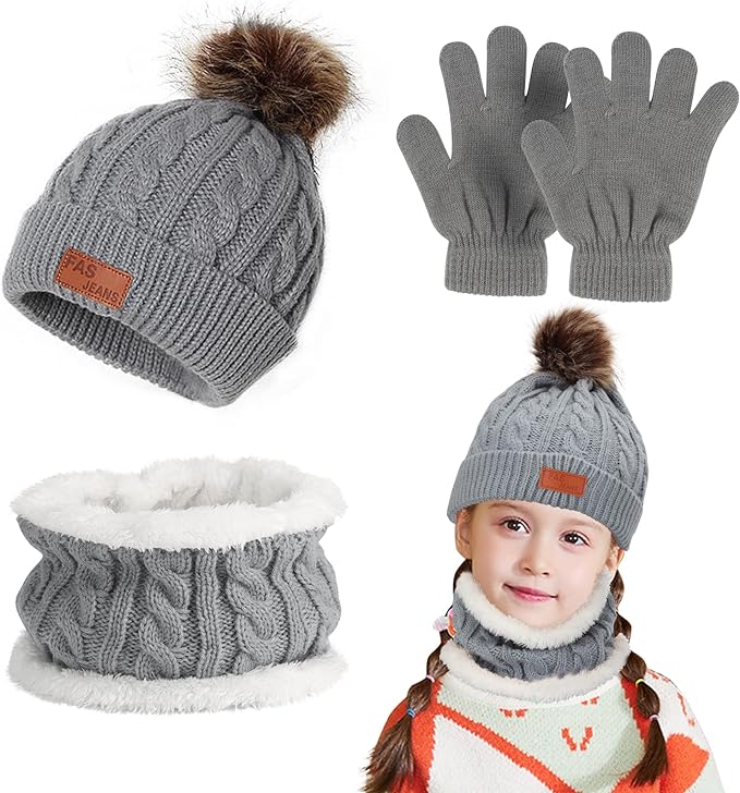 Makone Boys Hat Scarf and Gloves Set, Kids Winter Hat Scarf Gloves Set,for Girls Boys Warm Knitted Beanie Hats Snood Scarf and Gloves for Children - British D'sire