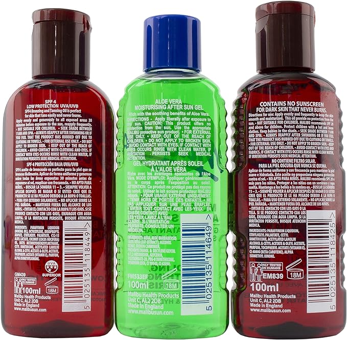 Malibu Sun Fast Tanning Travel Essentials, SPF 4 Bronzing and Beta Carotene Oil, Soothing Aloe Vera Aftersun Gel, Water Resistant, Tropical Coconut Fragrance, 3 x 100ml - British D'sire