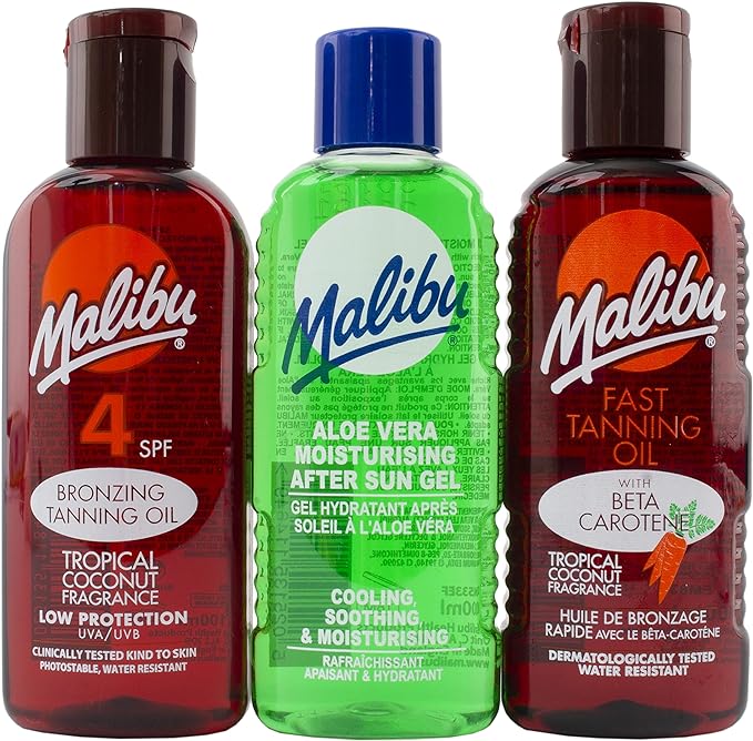 Malibu Sun Fast Tanning Travel Essentials, SPF 4 Bronzing and Beta Carotene Oil, Soothing Aloe Vera Aftersun Gel, Water Resistant, Tropical Coconut Fragrance, 3 x 100ml - British D'sire