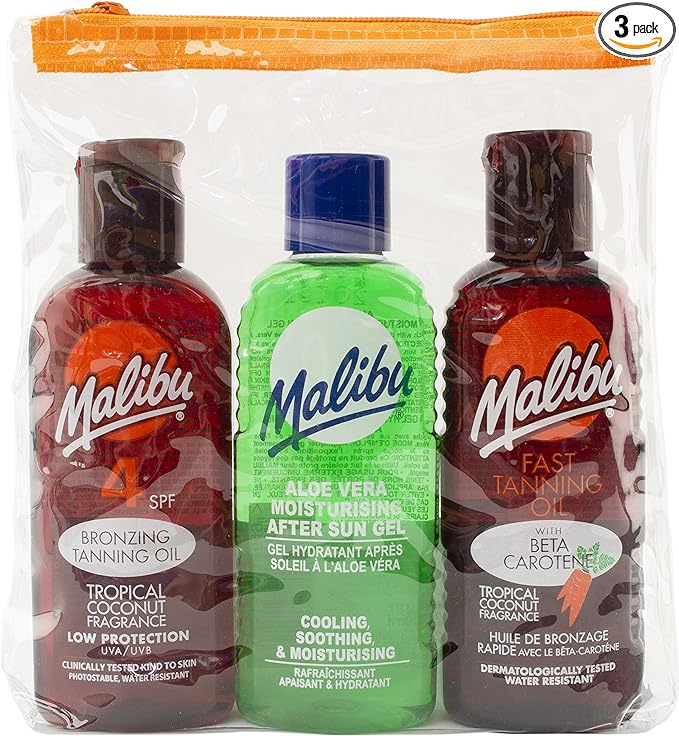 Malibu Sun Fast Tanning Travel Essentials, SPF 4 Bronzing and Beta Carotene Oil, Soothing Aloe Vera Aftersun Gel, Water Resistant, Tropical Coconut Fragrance, 3 x 100ml - British D'sire Main image