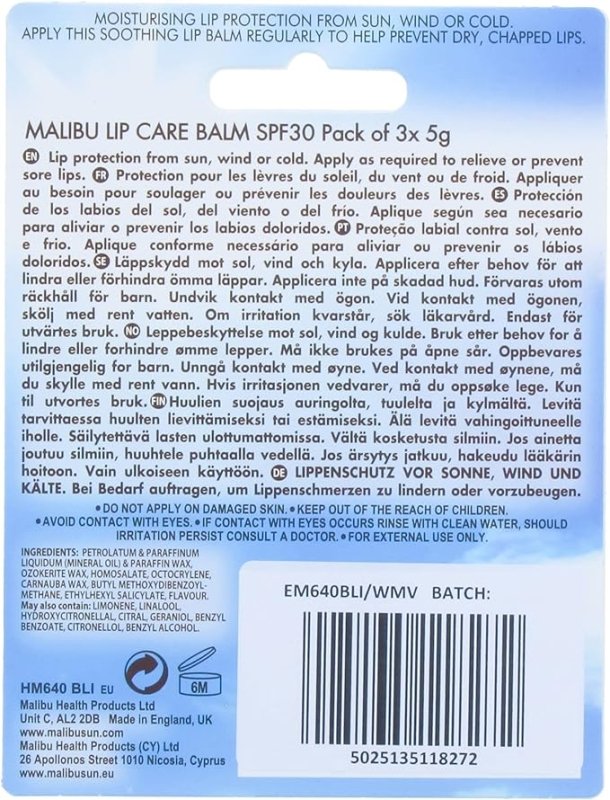 Malibu Sun SPF 30 Lip Balm Sunscreen, Watermelon, Mint and Vanilla, 3 x 5g - British D'sire