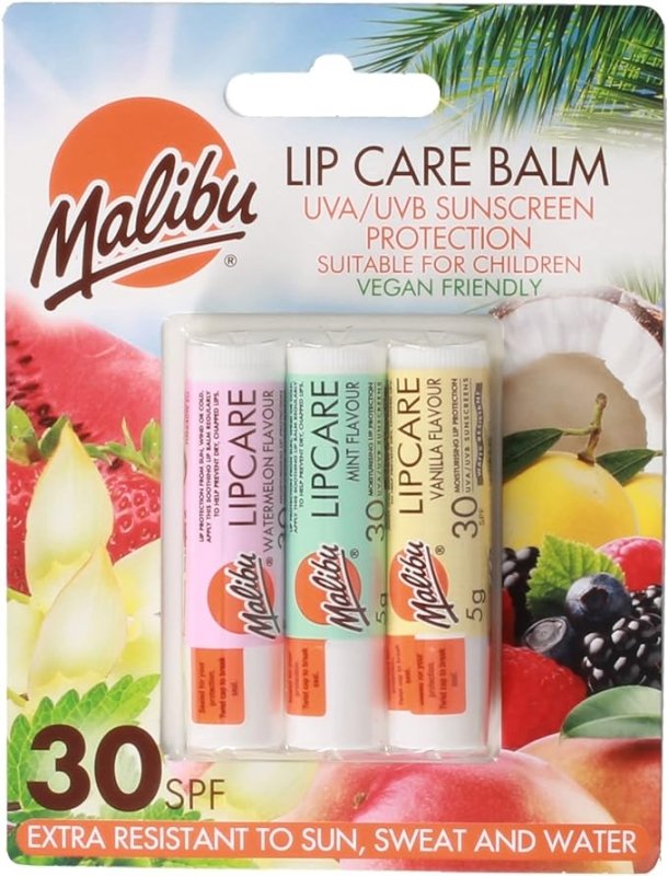 Malibu Sun SPF 30 Lip Balm Sunscreen, Watermelon, Mint and Vanilla, 3 x 5g - British D'sire