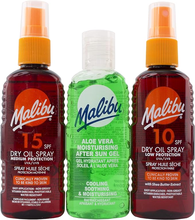 Malibu Sun Travel Essentials, Dry Oil Sprays and Soothing Aloe Vera Aftersun Gel, Medium Protection, Water Resistant, SPF 10 and 15, Multipack, 3 x 100ml - British D'sire Main image