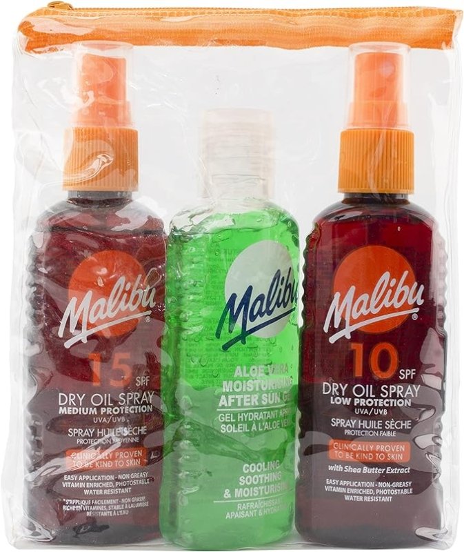 Malibu Sun Travel Essentials, Dry Oil Sprays and Soothing Aloe Vera Aftersun Gel, Medium Protection, Water Resistant, SPF 10 and 15, Multipack, 3 x 100ml Secondary image