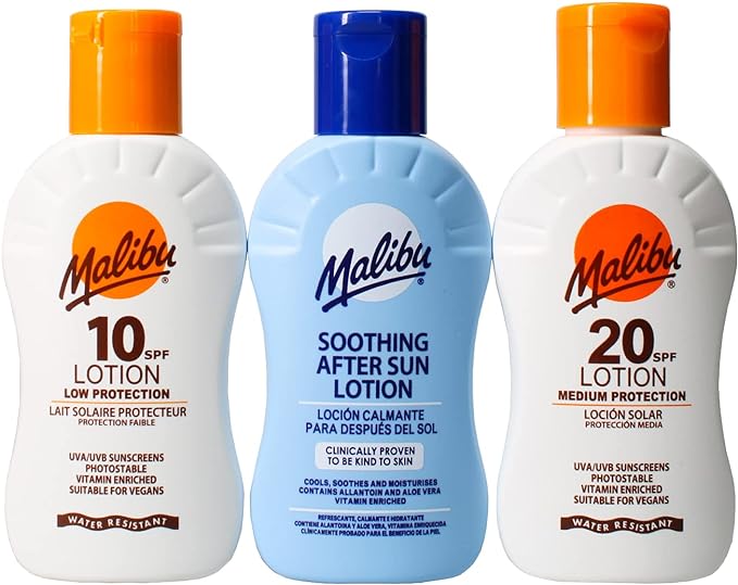 Malibu Sun Travel Essentials with Sun Cream Protection and After Sun Lotion, SPF 10 and 20, Multipack, 3 x 100ml - British D'sire