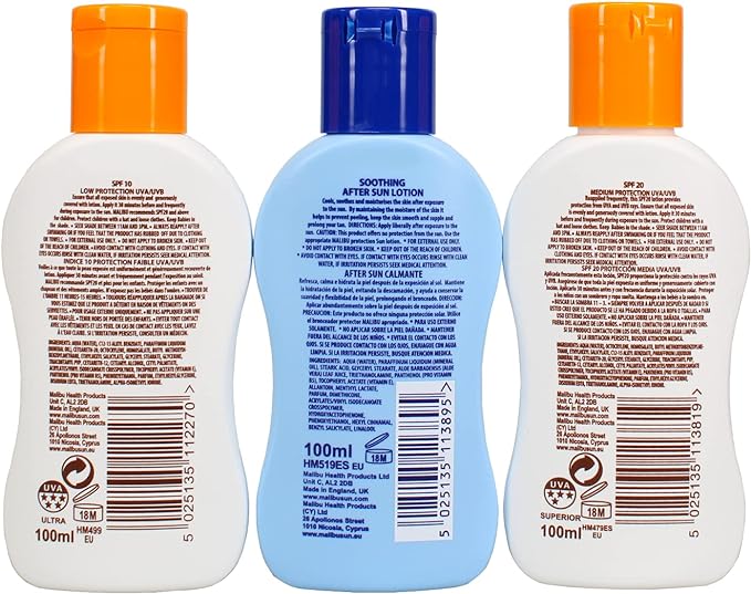 Malibu Sun Travel Essentials with Sun Cream Protection and After Sun Lotion, SPF 10 and 20, Multipack, 3 x 100ml - British D'sire