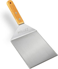 Mallez Oversized Stainless Steel Grill Spatula, 6 x 5 Inch Heavy Duty Barbecue Turner with Cutting Edges - Barbecue Burger Spatula Grill Griddle Accessories - Wood Handle - British D'sire