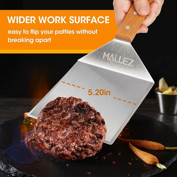 Mallez Oversized Stainless Steel Grill Spatula, 6 x 5 Inch Heavy Duty Barbecue Turner with Cutting Edges - Barbecue Burger Spatula Grill Griddle Accessories - Wood Handle - British D'sire