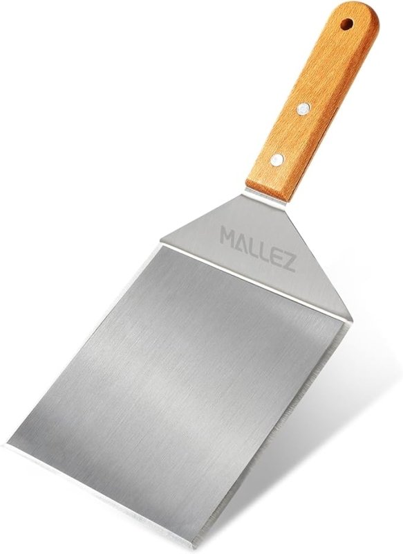 Mallez Oversized Stainless Steel Grill Spatula, 6 x 5 Inch Heavy Duty Barbecue Turner with Cutting Edges - Barbecue Burger Spatula Grill Griddle Accessories - Wood Handle - British D'sire