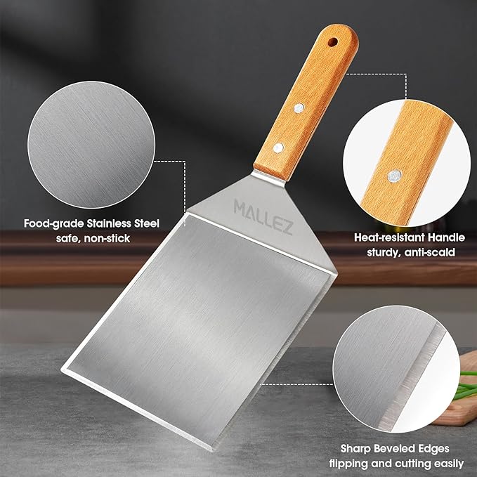 Mallez Oversized Stainless Steel Grill Spatula, 6 x 5 Inch Heavy Duty Barbecue Turner with Cutting Edges - Barbecue Burger Spatula Grill Griddle Accessories - Wood Handle - British D'sire