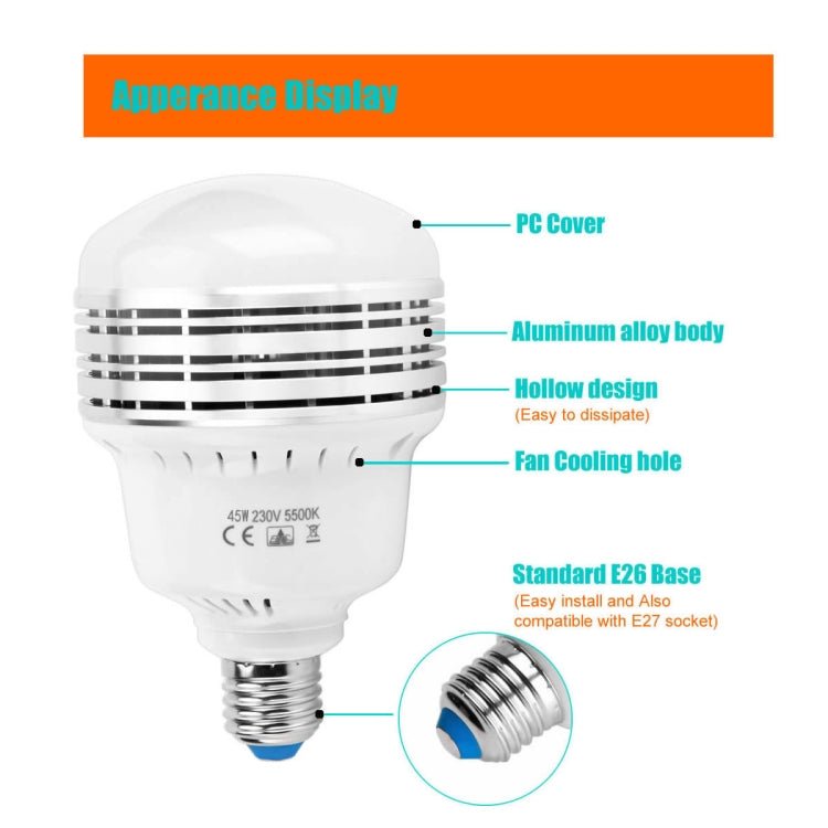 MANTOO PGL45 45W 230V 5500K 5460LM LED Light Bulb for Photography Lighting - British D'sire