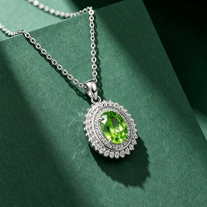 Mara S925 Sterling Silver Natural Peridot Halo Pendant Necklace – 6x8mm August Birthstone - Necklaces & Pendants - British D'sire Main image