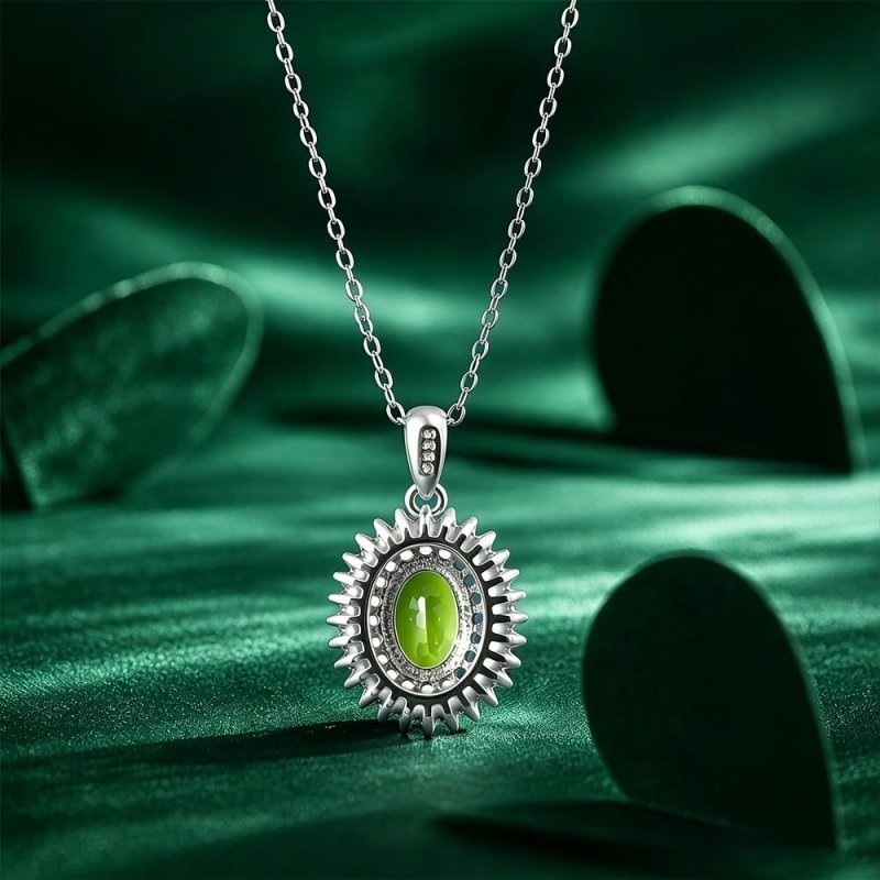 Mara S925 Sterling Silver Natural Peridot Halo Pendant Necklace – 6x8mm August Birthstone - Necklaces & Pendants - British D'sire