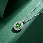 Mara S925 Sterling Silver Natural Peridot Halo Pendant Necklace – 6x8mm August Birthstone - Necklaces & Pendants - British D'sire