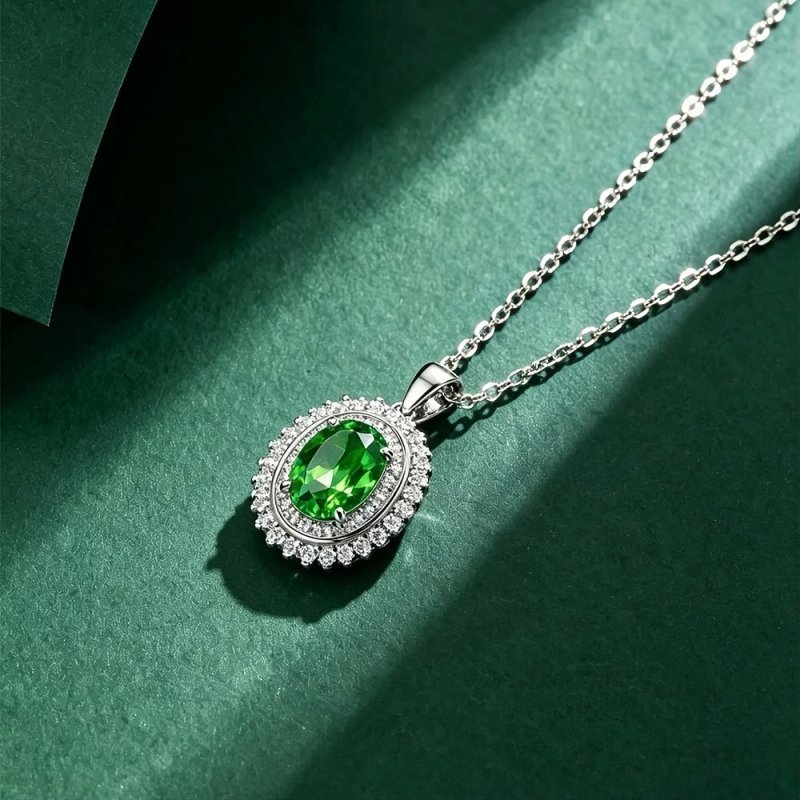 Mara S925 Sterling Silver Natural Peridot Halo Pendant Necklace – 6x8mm August Birthstone - Necklaces & Pendants - British D'sire