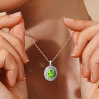 Mara S925 Sterling Silver Natural Peridot Halo Pendant Necklace – 6x8mm August Birthstone - Necklaces & Pendants - British D'sire