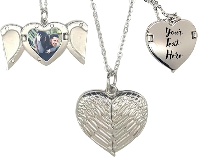 Mara With Your Touch Personalised Engraved Photo Locket Necklace - Silver Heart - Angel Wings - Necklaces & Pendants - British D'sire