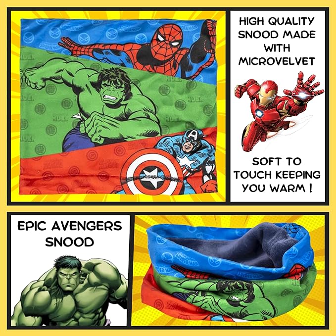 Marvel Boys Avengers Bobble Hat + Snood Scarf + Gloves Set Winter 3 Piece Set Kids Gift - British D'sire