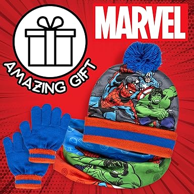 Marvel Boys Avengers Bobble Hat + Snood Scarf + Gloves Set Winter 3 Piece Set Kids Gift - Kids Headwear - British D'sire