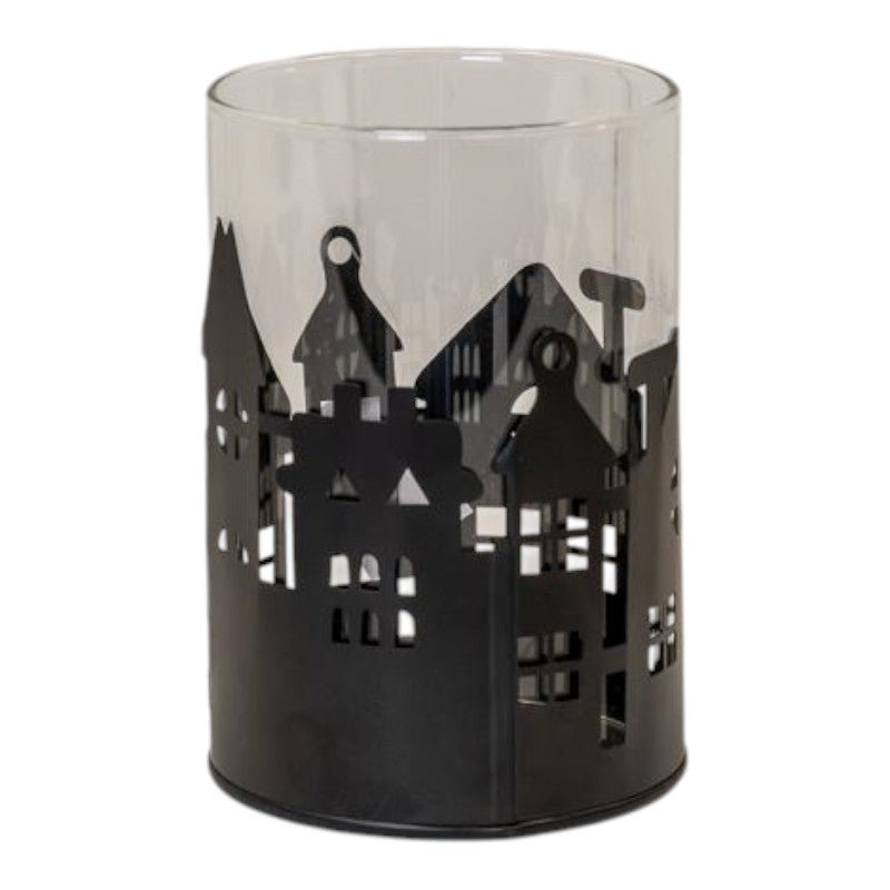 Medium Black Metal House Scene Candle Holder with Glass Insert - Candle Holder - British D'sire