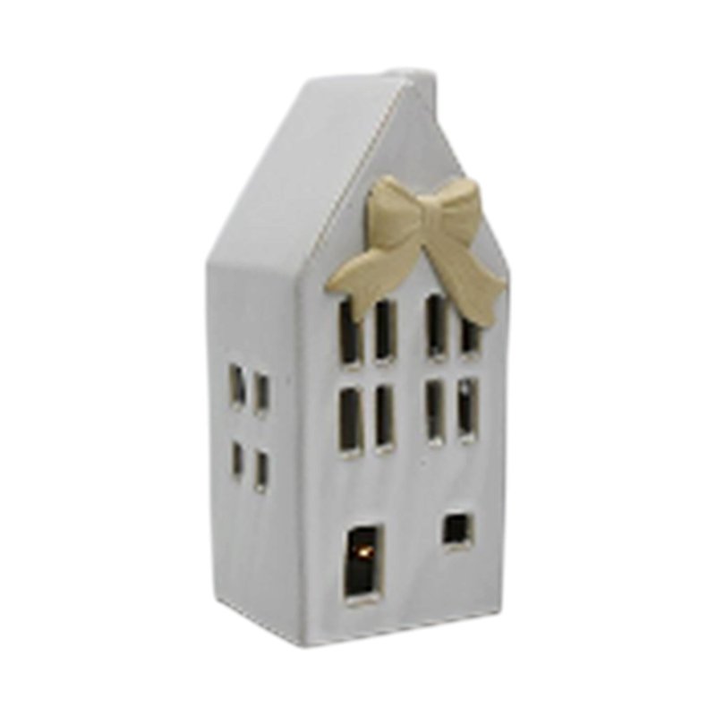 Medium Ceramic LED House with Bow Details - Christmas Decor - British D'sire Main image