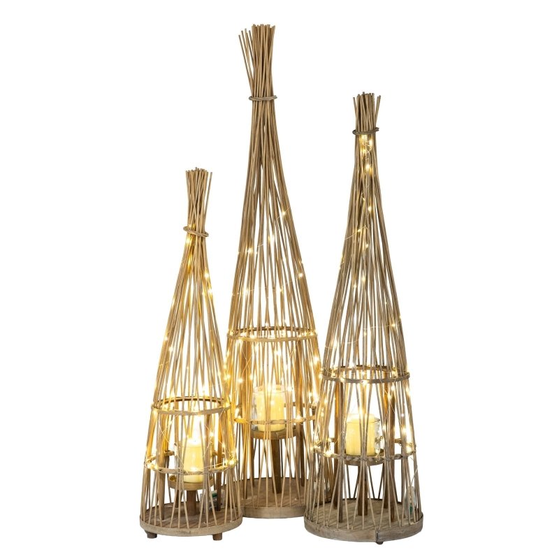 Medium Conical Wicker Lantern With Glass Holder & LED Lights - Lanterns - British D'sire