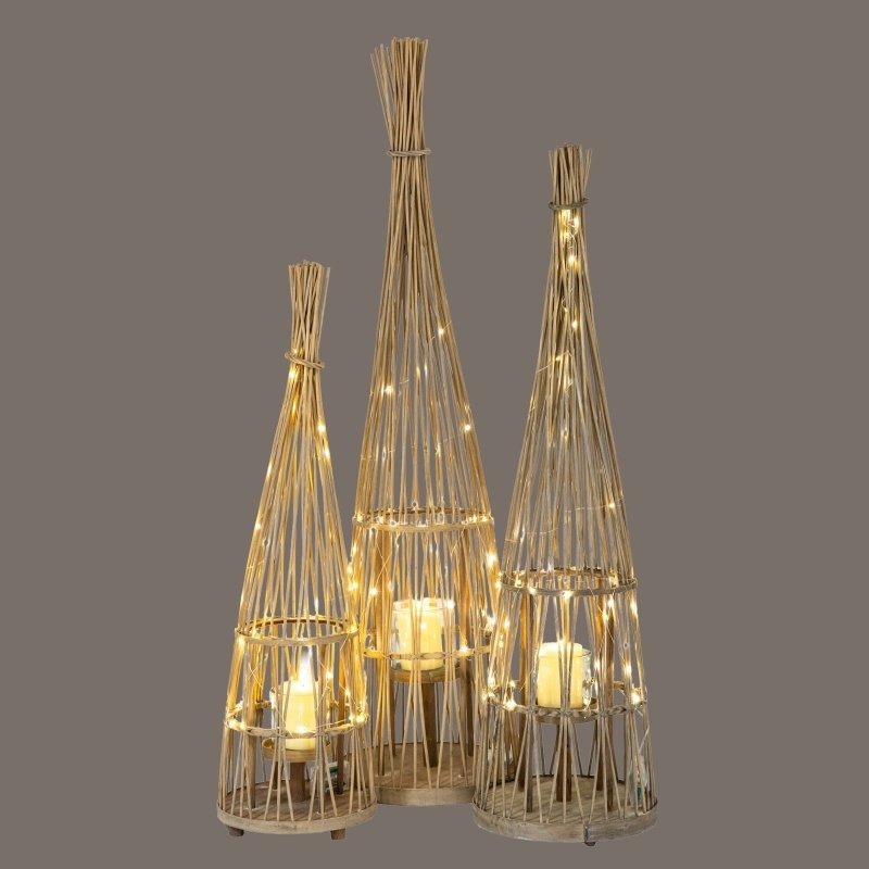 Medium Conical Wicker Lantern With Glass Holder & LED Lights - Lanterns - British D'sire