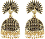 MEENAZ Traditional Wedding Temple Jewellery 22kt Gold oxidised Meenakari Ethnic Antique South Indian Round Pearl Feather Peacock Jhumka Earrings set For Women - M572, big heavy large, Brass Copper - Jewellery & Watches - British D'sire
