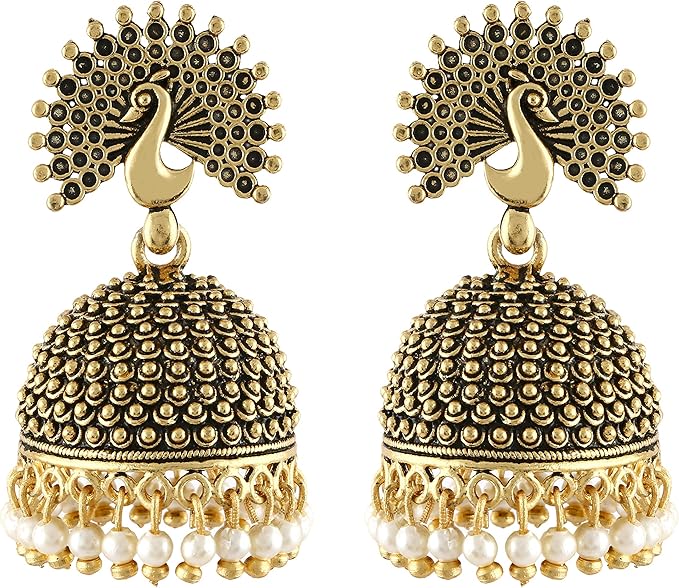 MEENAZ Traditional Wedding Temple Jewellery 22kt Gold oxidised Meenakari Ethnic Antique South Indian Round Pearl Feather Peacock Jhumka Earrings set For Women - M572, big heavy large, Brass Copper - Jewellery & Watches - British D'sire
