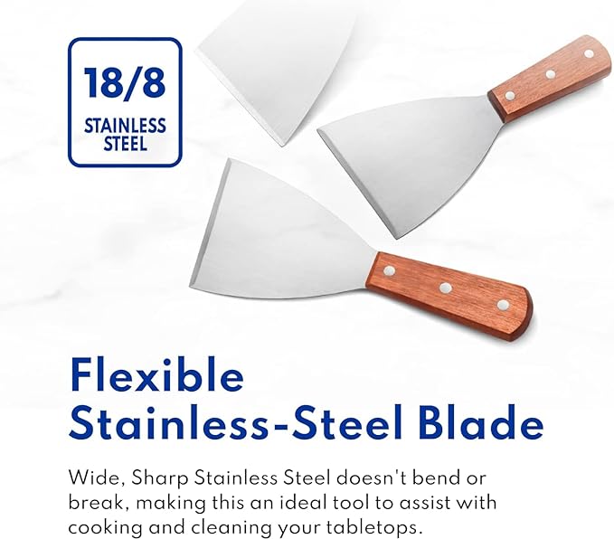 MEETOZ Griddle Scraper 2Pcs, Stainless Steel 8.7in Slant Edge Metal Grill Scraper Chopper for Food Service & Cleaning Supplies, Perfect for Dough Pancake Pizza Home Baking Cooking, Dishwasher Safe - British D'sire