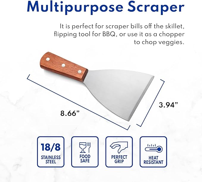 MEETOZ Griddle Scraper 2Pcs, Stainless Steel 8.7in Slant Edge Metal Grill Scraper Chopper for Food Service & Cleaning Supplies, Perfect for Dough Pancake Pizza Home Baking Cooking, Dishwasher Safe - British D'sire