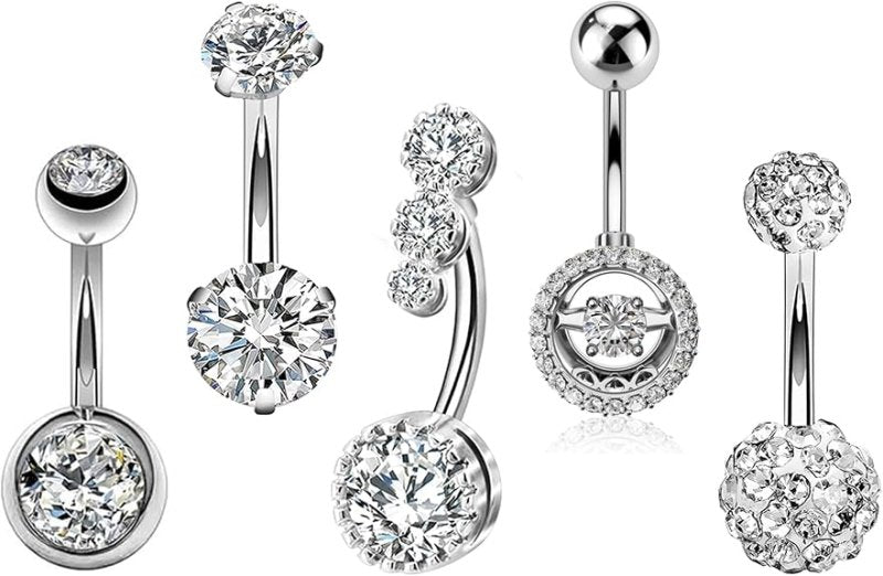 Melighting 5pcs Belly Bars Navel Piercing Jewellery 14g 316L Stainless Steel Belly Button Ring Clear CZ Navel Bar Belly Ring - Body Jewellery - British D'sire