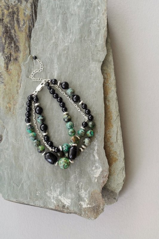Mens 925 Sterling Silver African Turquoise and Black Onyx Layer Bracelet - Necklaces - British D'sire Main image