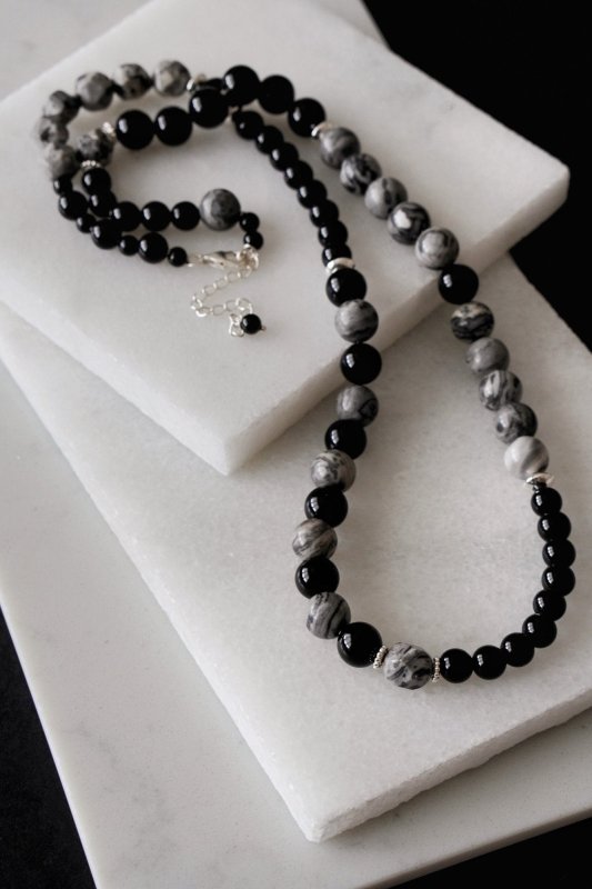 Mens 925 Sterling Silver Multi Picasso Jasper And Black Onyx Necklace - Necklaces - British D'sire