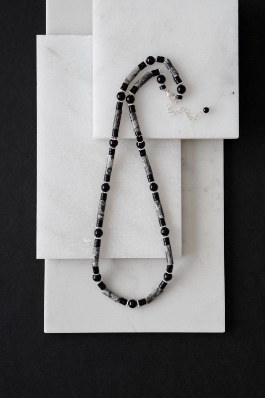 Mens 925 Sterling Silver Picasso Jasper And Black Onyx Crystal Necklace - Necklaces - British D'sire