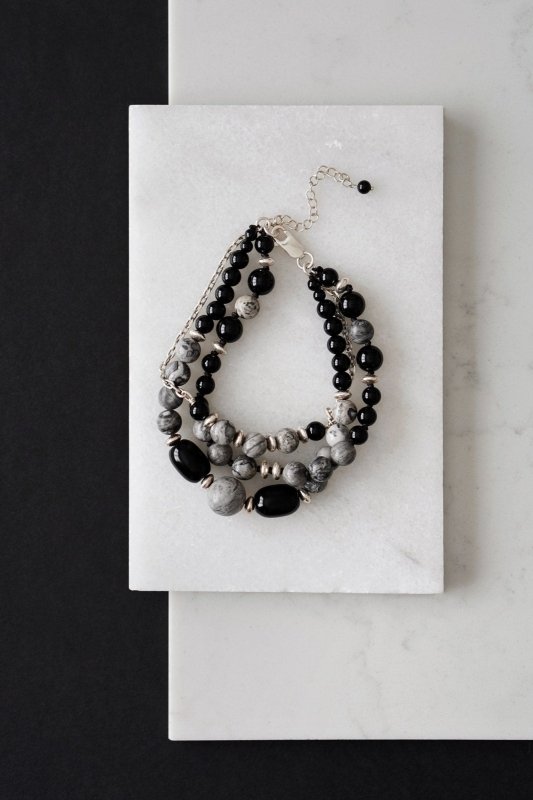 Mens 925 Sterling Silver Picasso Jasper and Black Onyx Layer Bracelet - Bracelets - British D'sire Main image