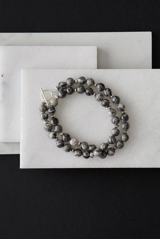 Mens 925 Sterling Silver Picasso Jasper Double Wrap Crystal Bracelet - Bracelets - British D'sire Main image