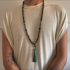 Mens African Turquoise Black Onyx and Tigers Eye 108 Mala Bead Necklace with Tassel - Necklaces - British D'sire